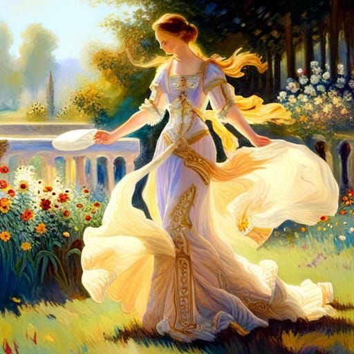 Elegant Woman in Art Nouveau Garden, Rembrandt Style