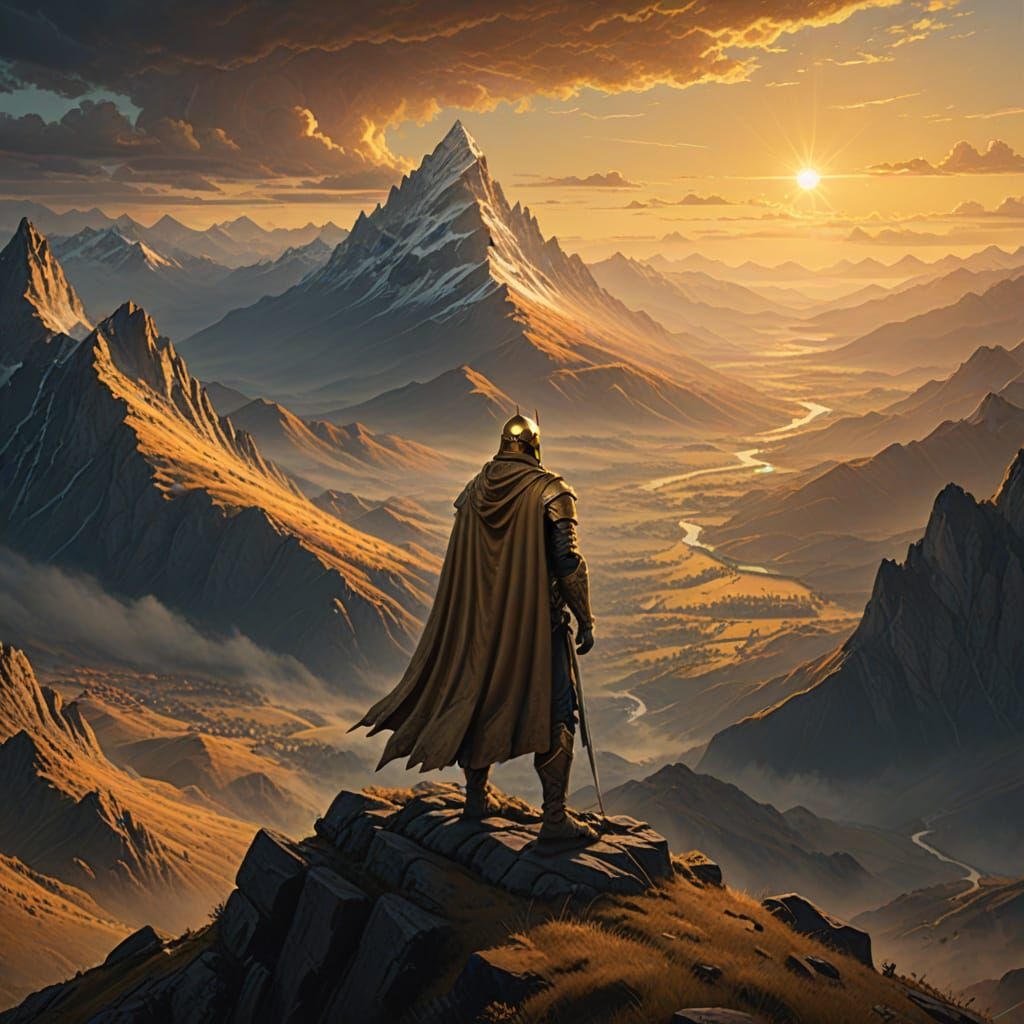 Golden Sunrise Over Misty Mountains with Lone Warrior