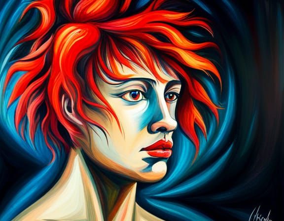 Butterfly-Faced Person with Flowing Red Hair