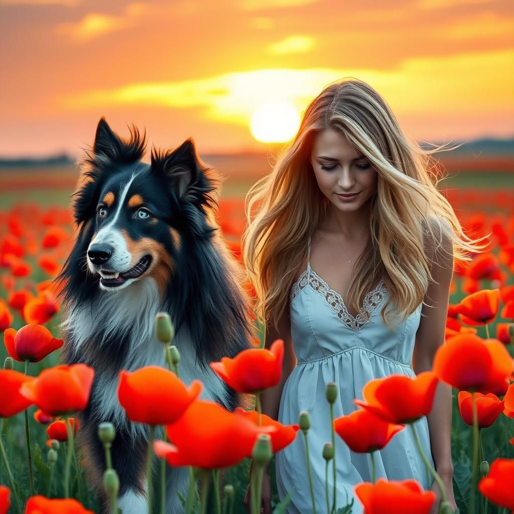 Woman and Border Collie in Poppy Field Watercolor