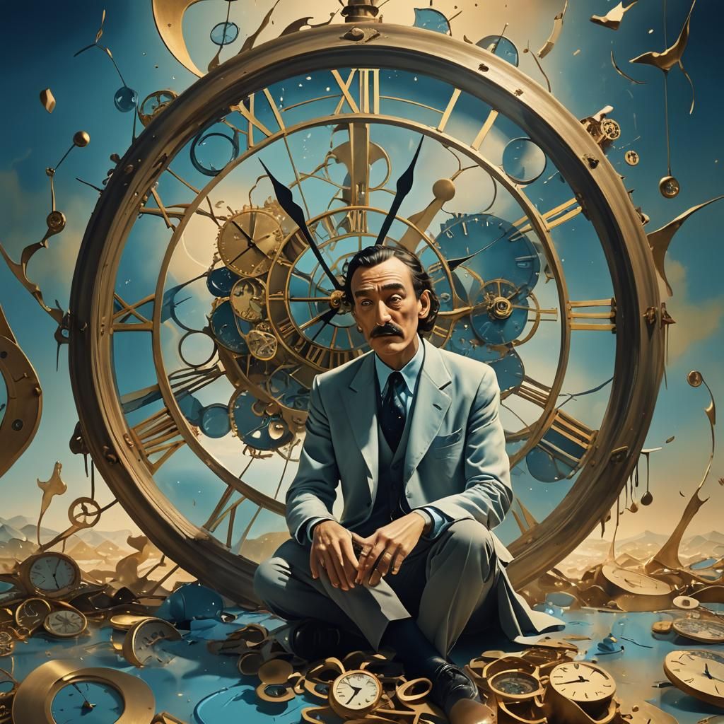 Surreal Figure on Clock with Melting Timepieces