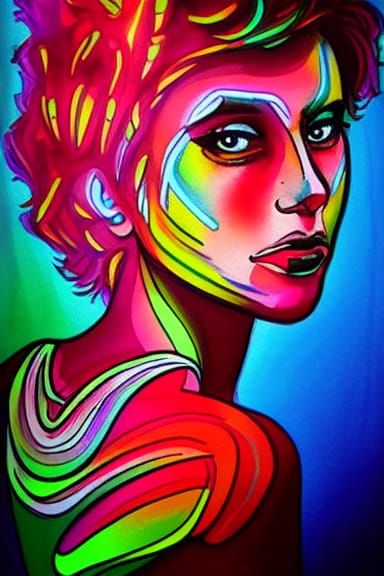 Neon Watercolor Portrait in Ink Style