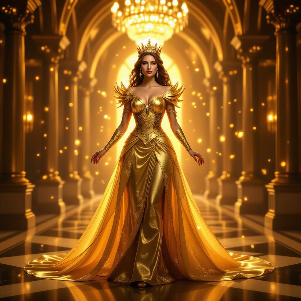 Majestic Queen in Golden Hall, Regal Power, 8K Fantasy Portr...