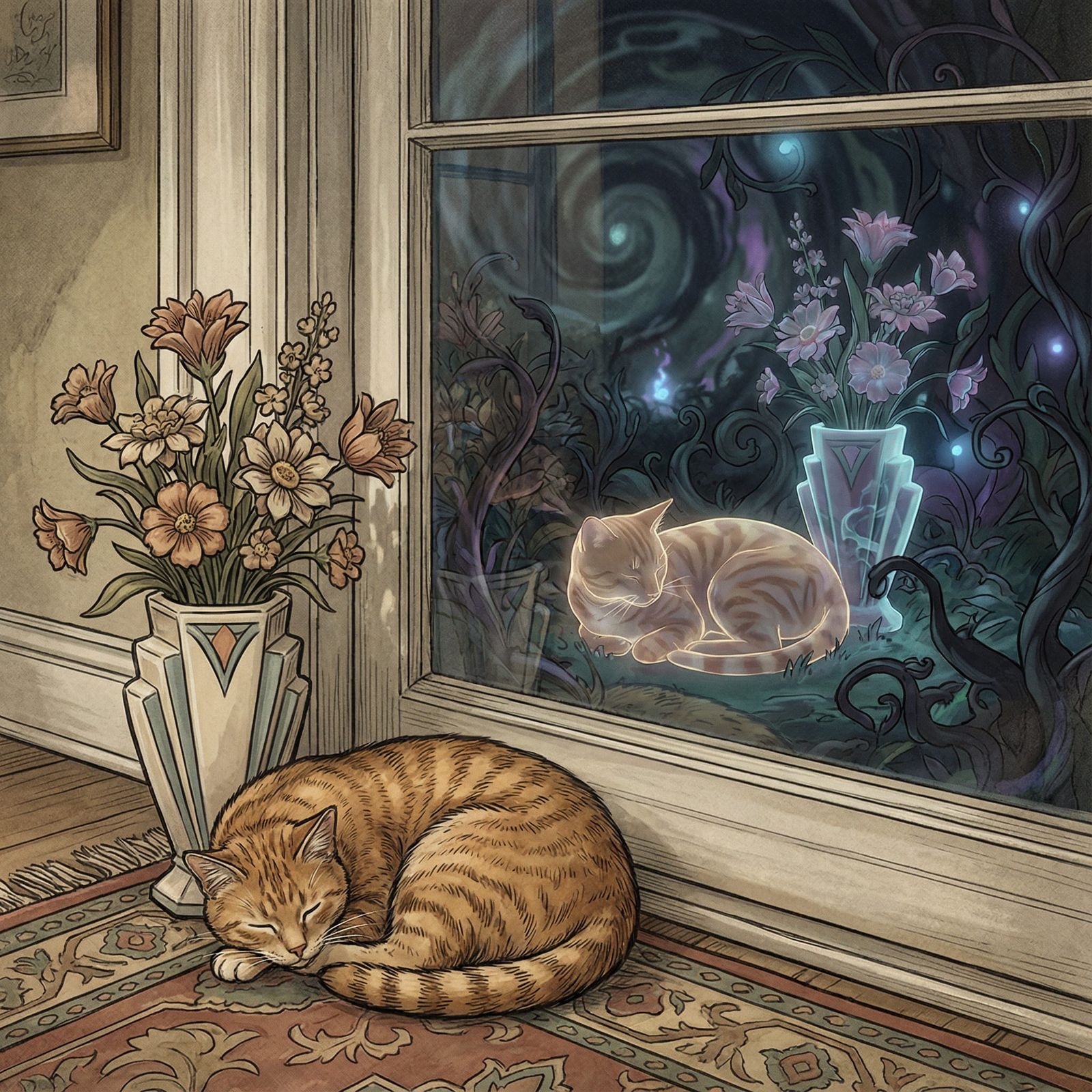 Surreal Cat Reflection in Art Deco Style