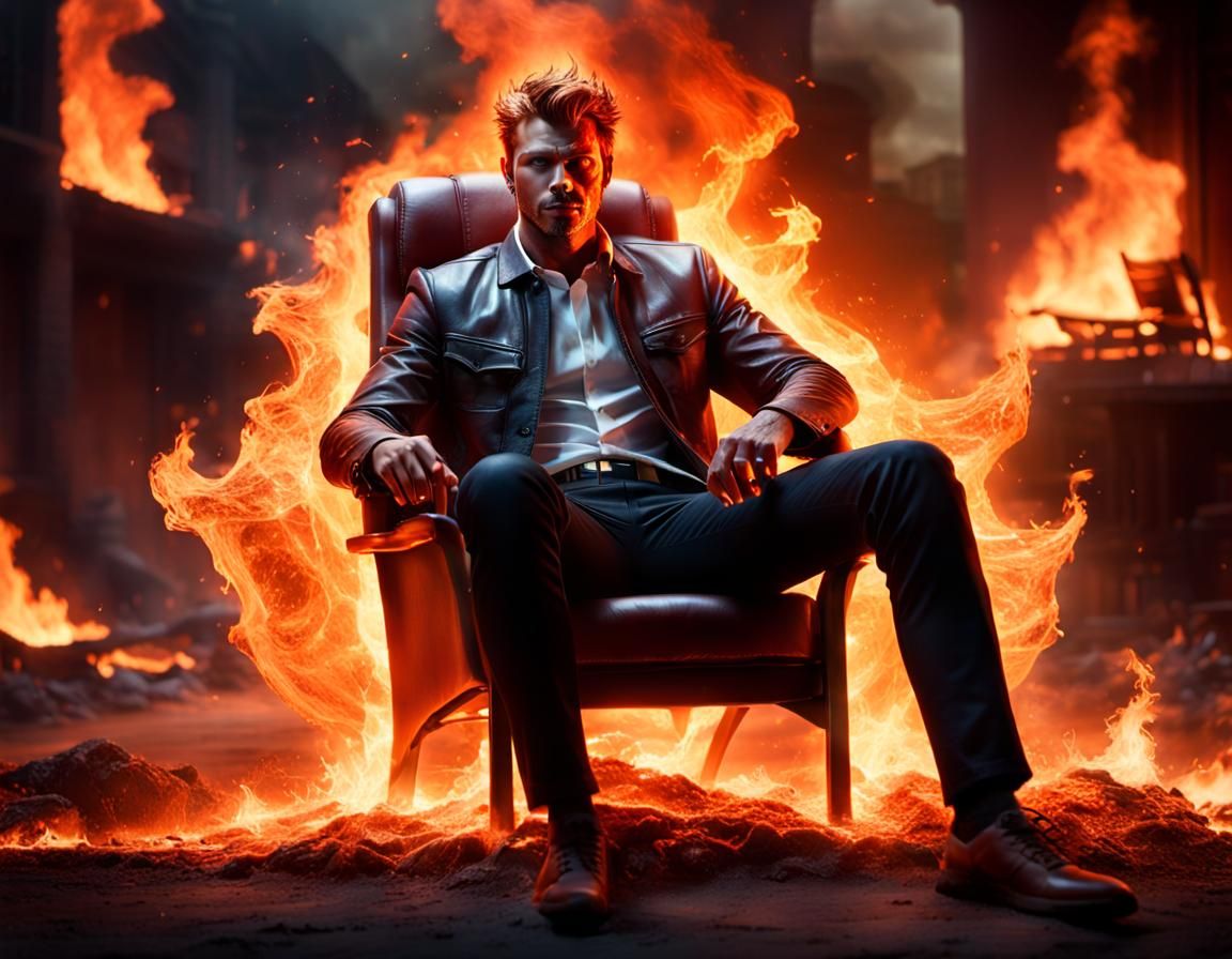 Hyperrealistic Devil Relaxing in Burning Hellscape