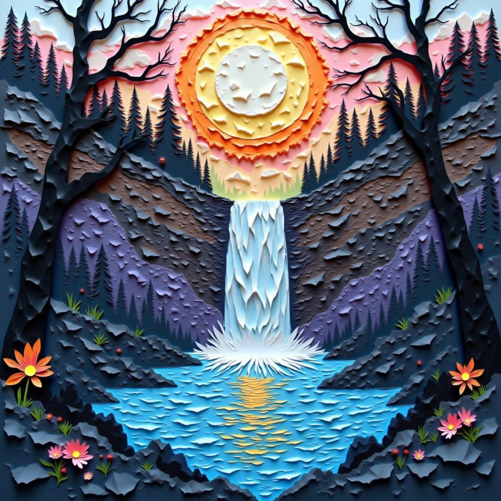 Abstract Papercut Waterfall with Political Motifs