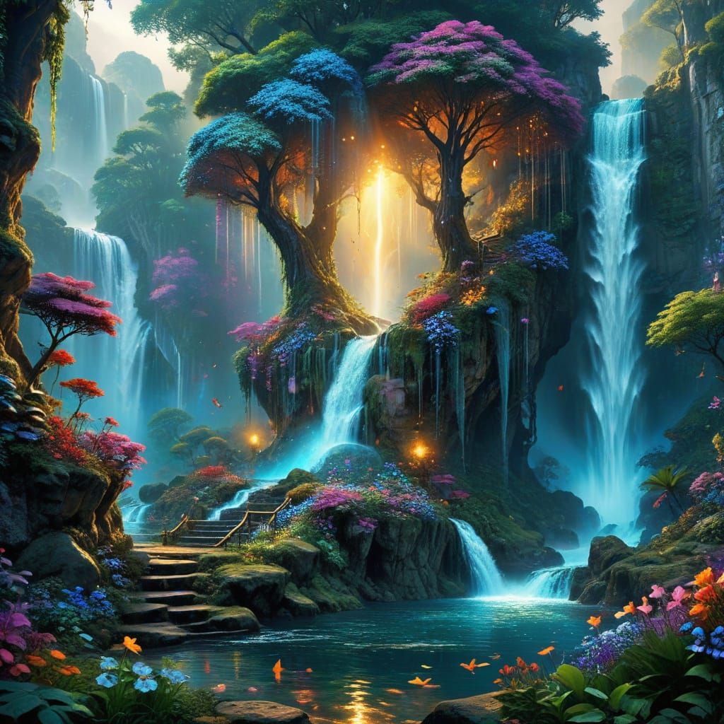 Vibrant Fantasy Waterfall Paradise in a Colorful Utopia