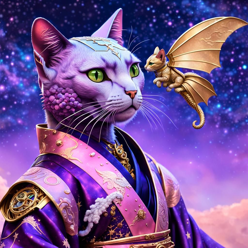 Steampunk Samurai cat with pet robot