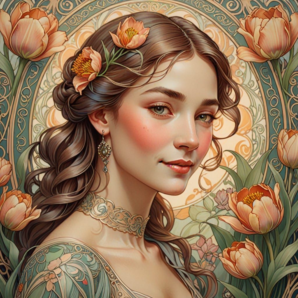 Elegant Woman with Tulip Tattoos in Soft Focus