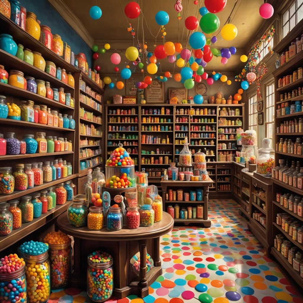 Whimsical Candy Store Interior as Oil Painting
