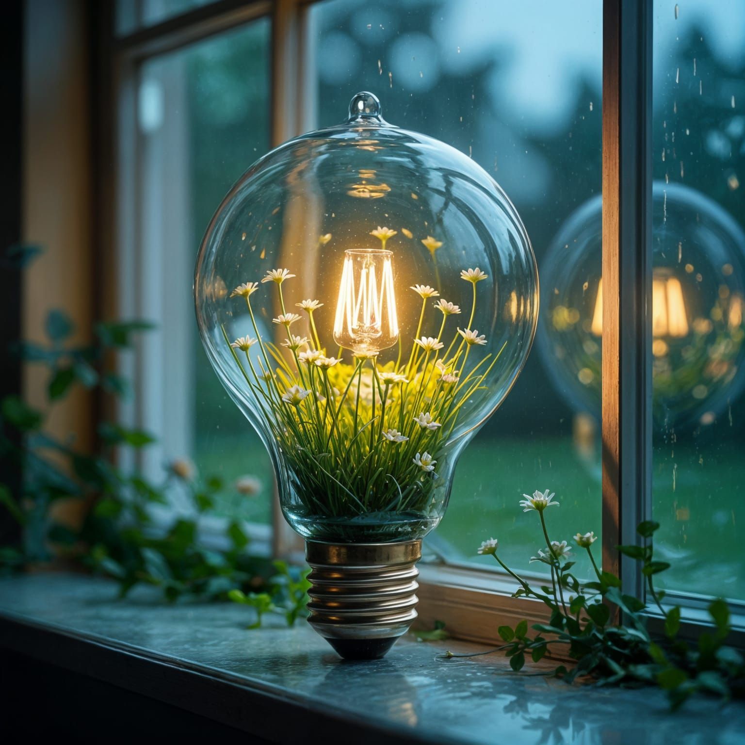 Grass and Flowers in Light Bulb, Kaleidoscopic Style
