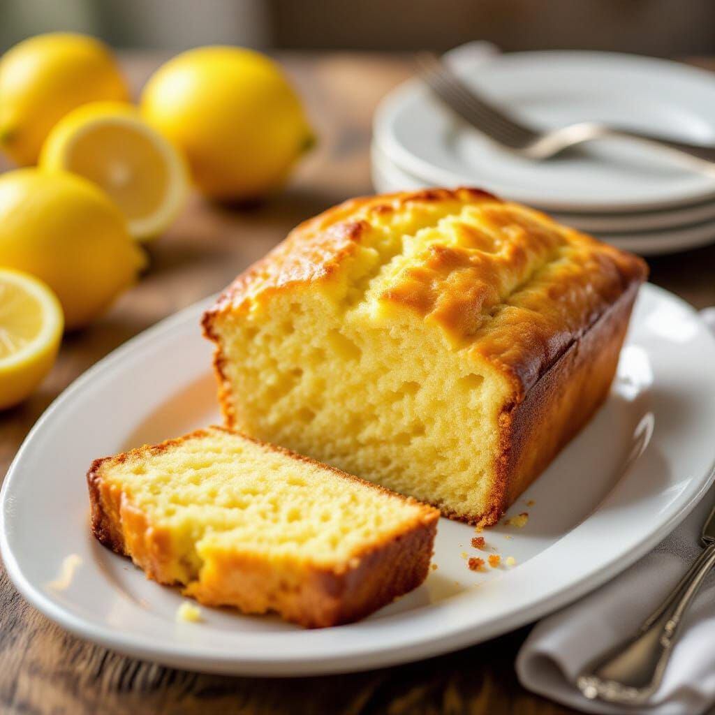 Photorealistic Lemon Pound Cake Loaf with Moist Golden Crumb