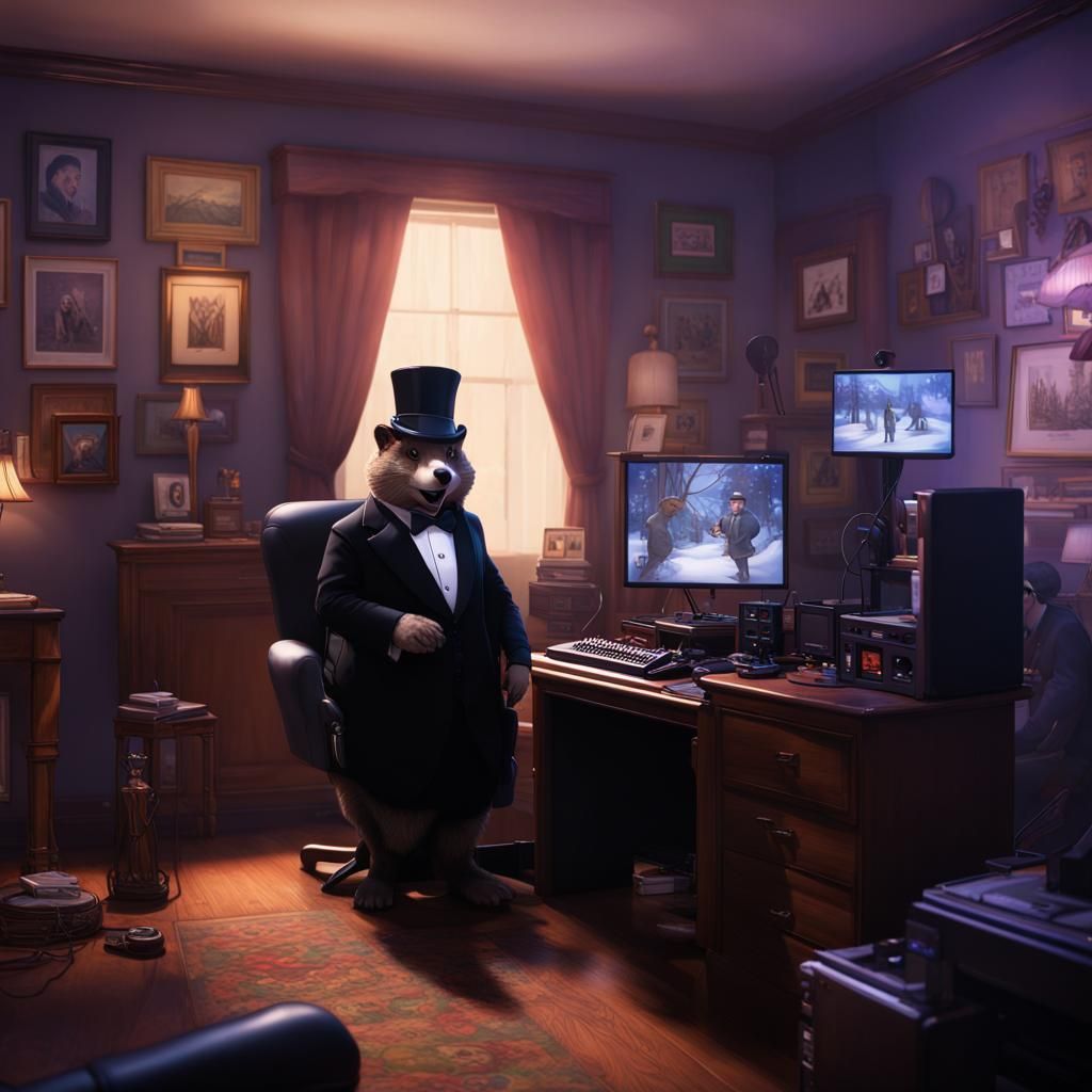 Punxsutawney Phil looking at the camera in a tuxedo and top hat in his room playing Playstation Twitch PC set up room, m...