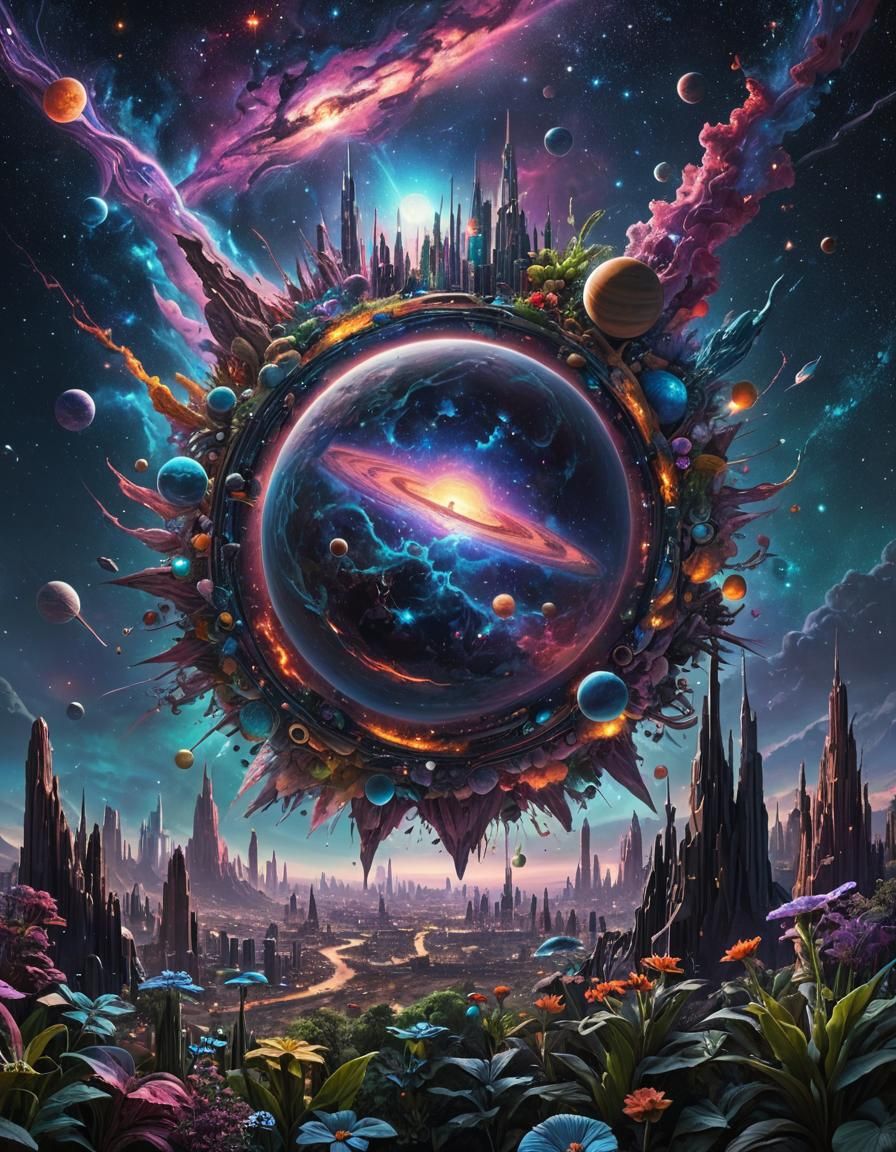 Vibrant Cosmic Scene with Extraterrestrial Flora