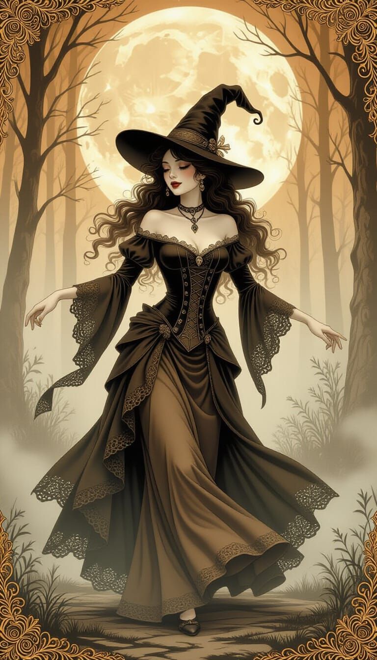 Mystical Cat Witch Dance in Moonlit Forest