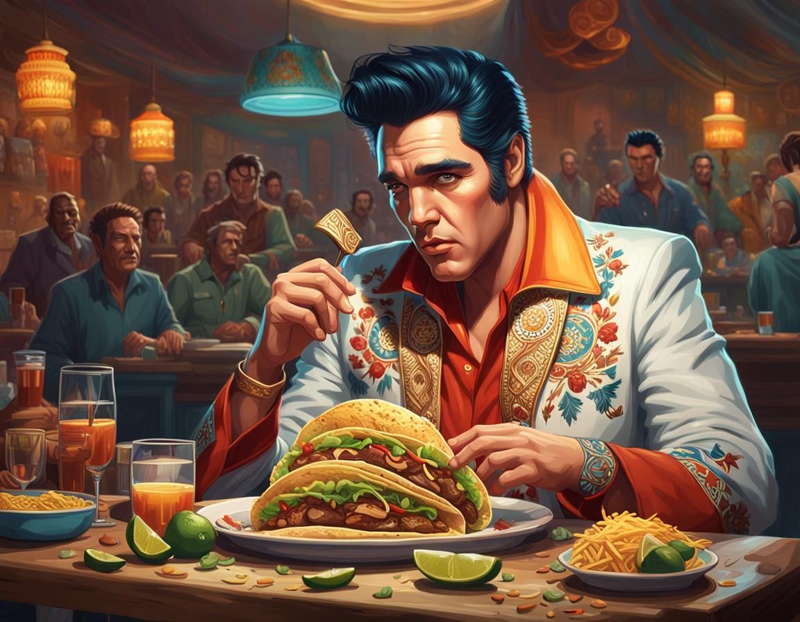 Elvis Presley Eating Tacos: Hyperrealistic Concept Art