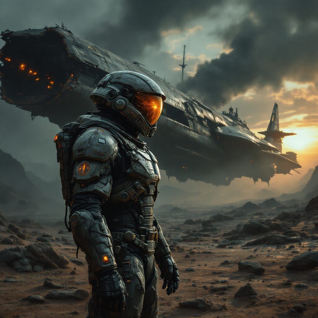 Space Marine Guards Alien Wreckage in Fiery Sunset