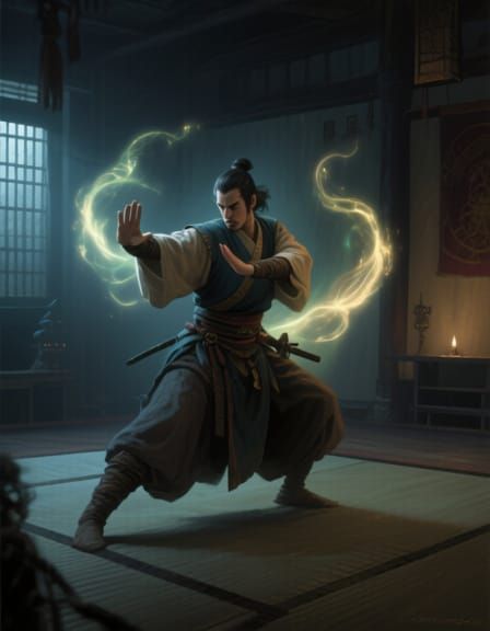 Medieval Martial Artist Aura Training in Dojo