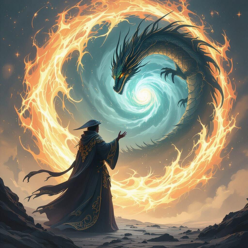 Mage Summons Dragon from Dark Magic Vortex