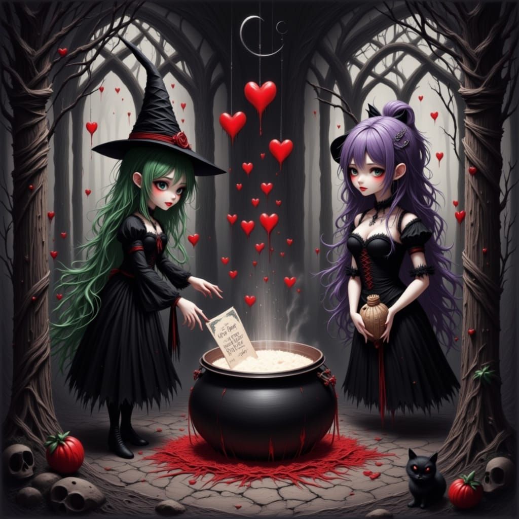 Gothic Witch Creates Love Potion in Anime Style