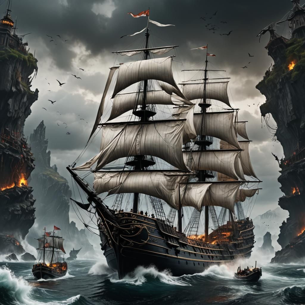 White Warship vs. Cursed Ship: Fantasy Concept Art