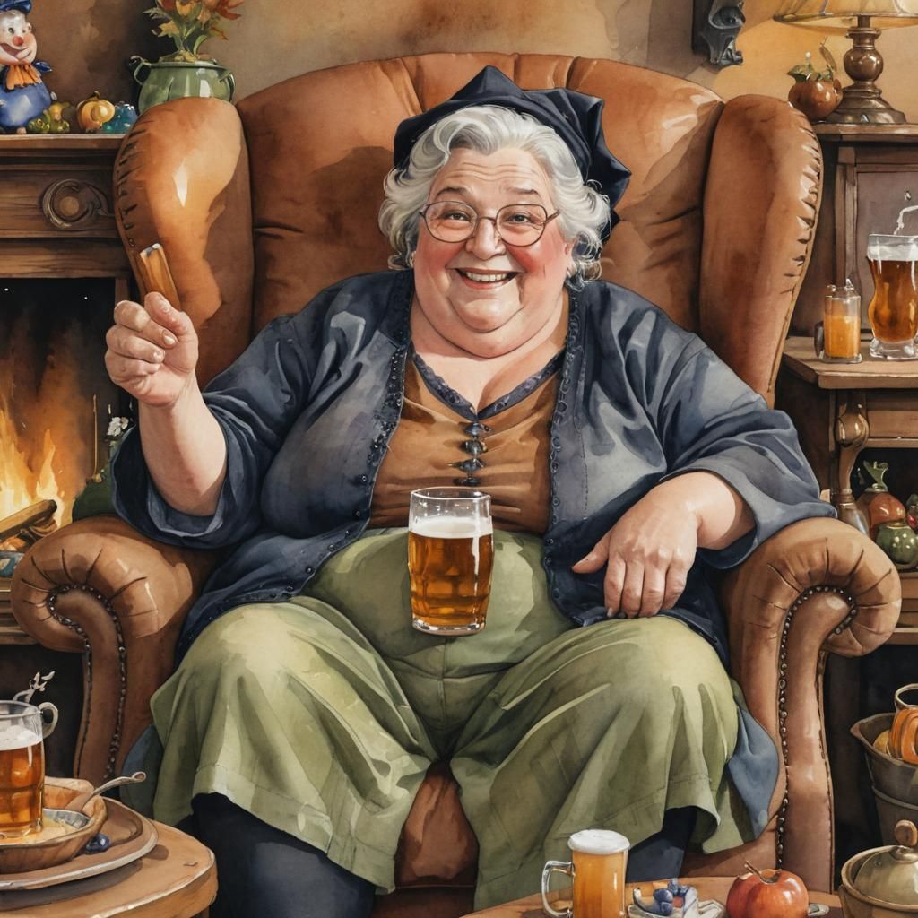 Granny Witch in Armchair: Watercolor Whimsical Illustration