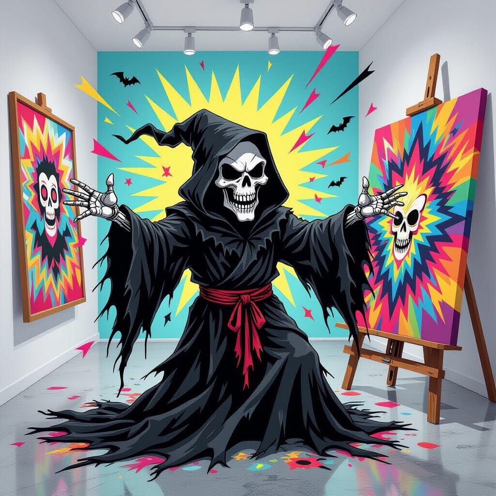 Cartoon Grim Reaper Destroys Art Masterpiece