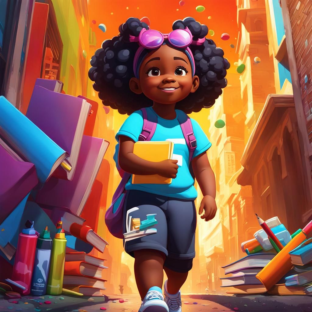 First Day: Graffiti Art of Schoolgirl with Books