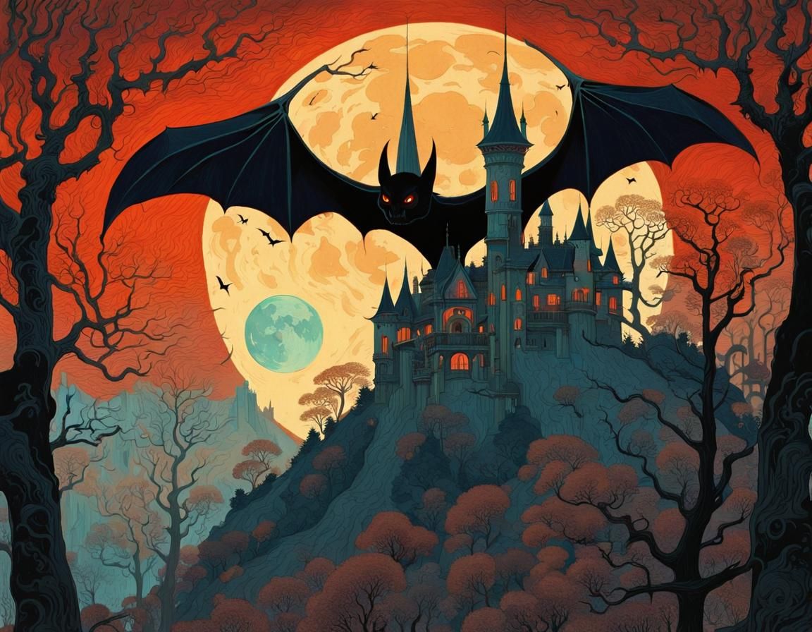 Nocturnal Bat Over Gothic Castle, Vibrant Art