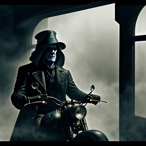 A wizard riding a futuristic motorcycle. Eldritch Edward Hop...