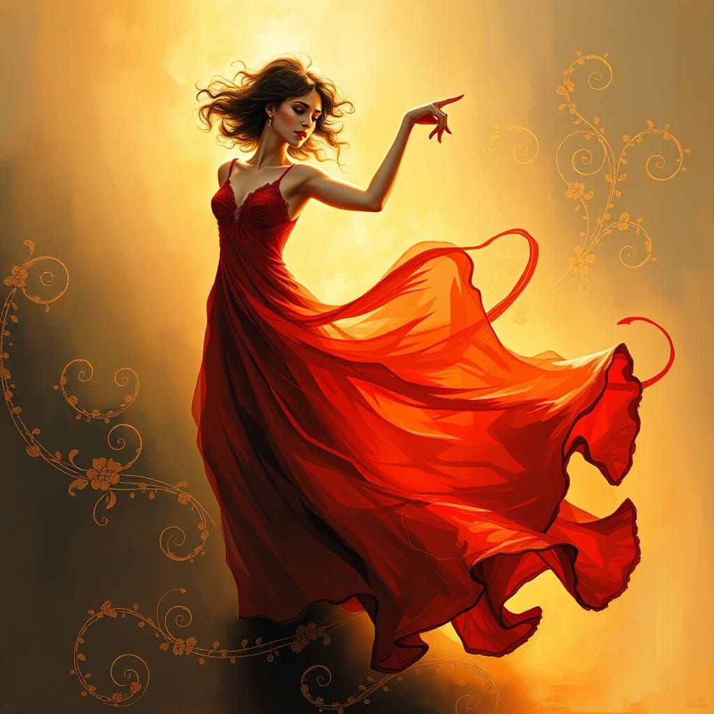 Whimsical Dancer in Red Dress, Art Nouveau Style