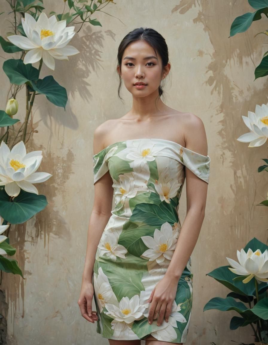 Vietnamese Woman in Flower Dress with Origami Papercraft