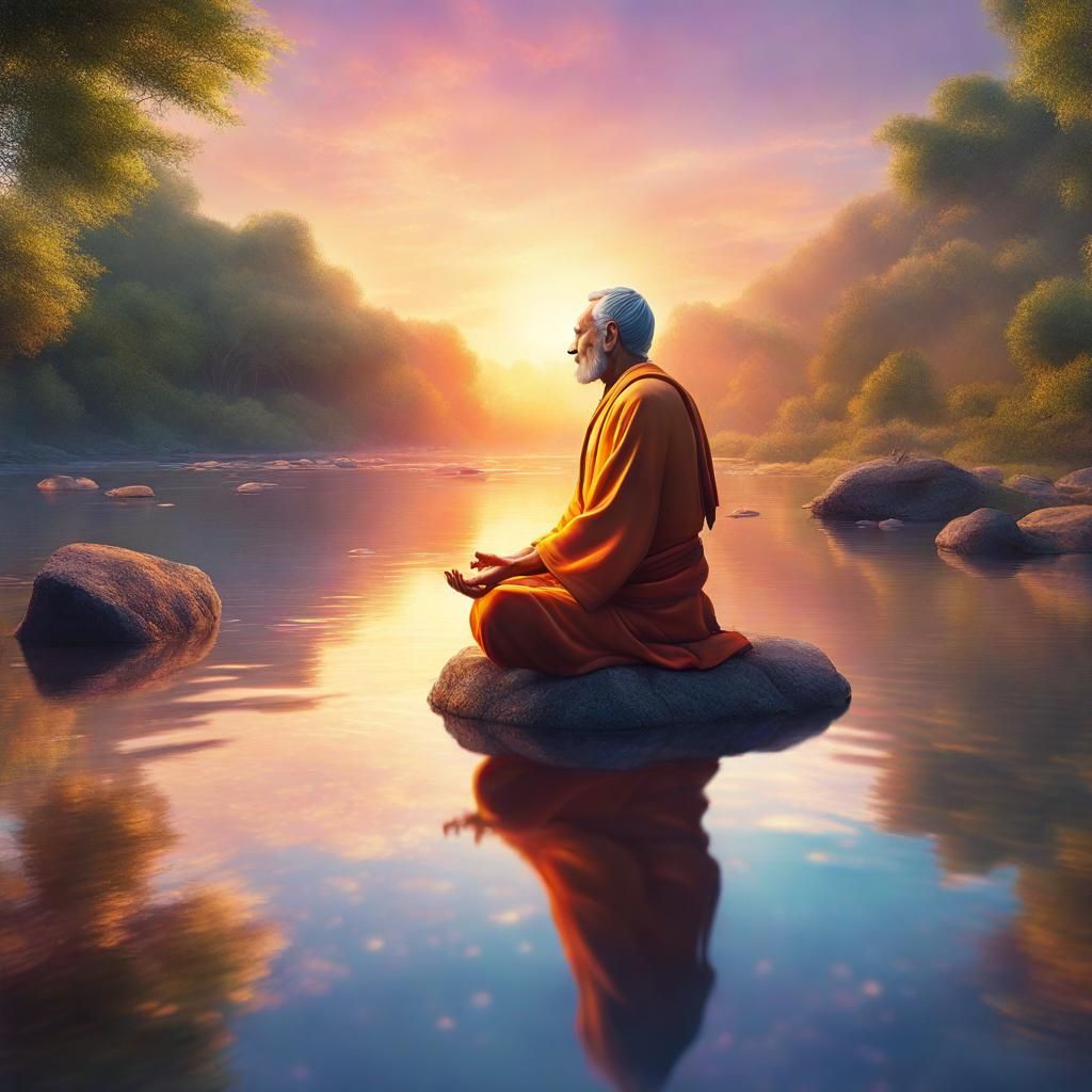 Enlightened Guru Meditating at Sunrise: Hyperrealistic Splas...