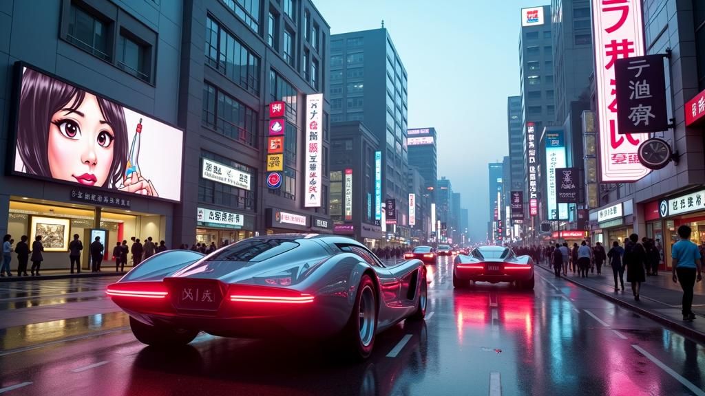 Cyberpunk Cityscape with Flying Cars in Neon Style