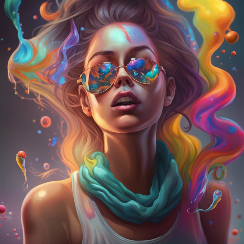Hyperrealistic Woman Smoking Rainbow Bong in Splash Art