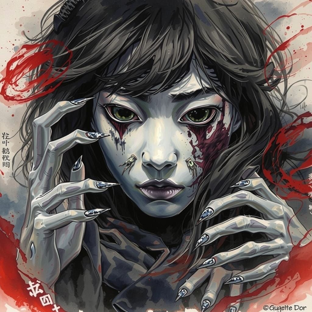 Ethereal Japanese Ghost with Fangs and Claws, Ink Wash Horro...