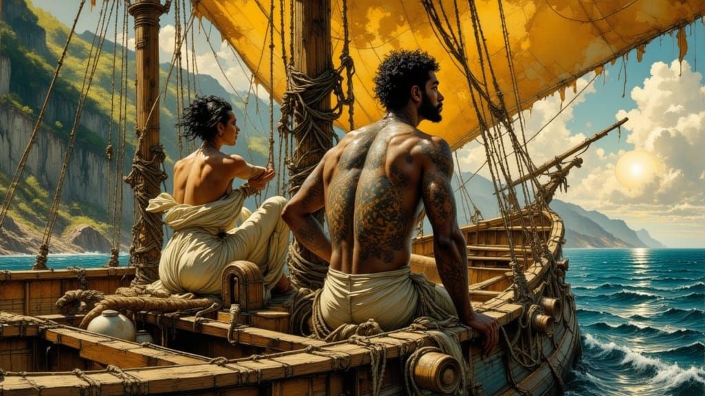 Polynesian Sailors Navigate South Seas in Concept Art Style