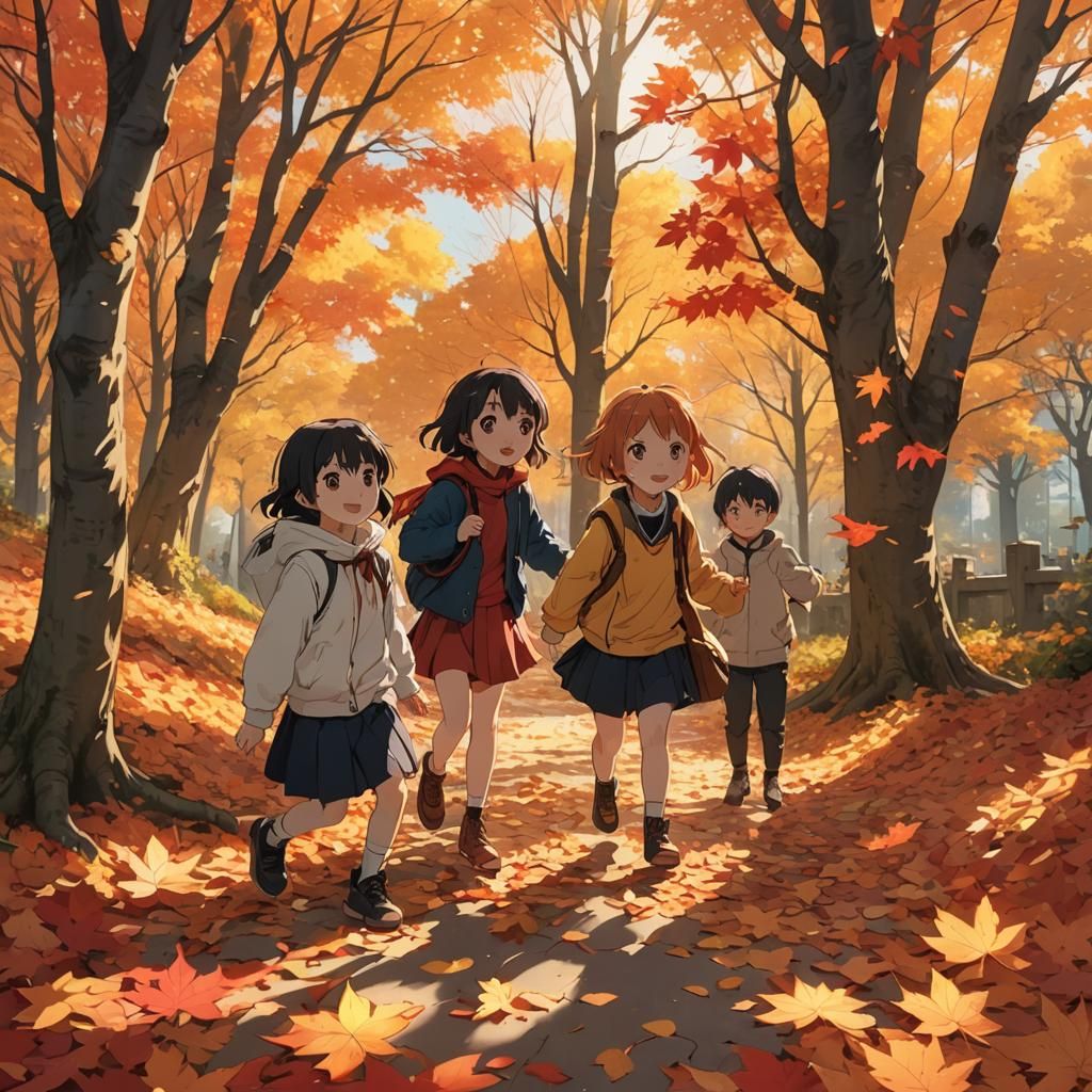 Autumn Anime: Kids Playing in Golden Light