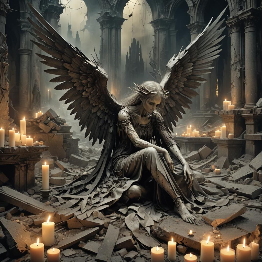 Fallen Angel in Ruins: Gothic Digital Art
