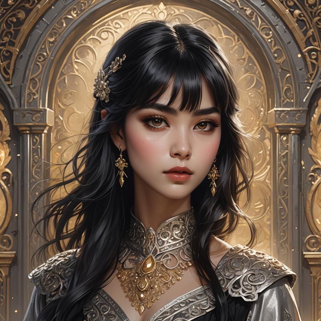 Beautiful Woman Portrait in Golden Mystical Setting