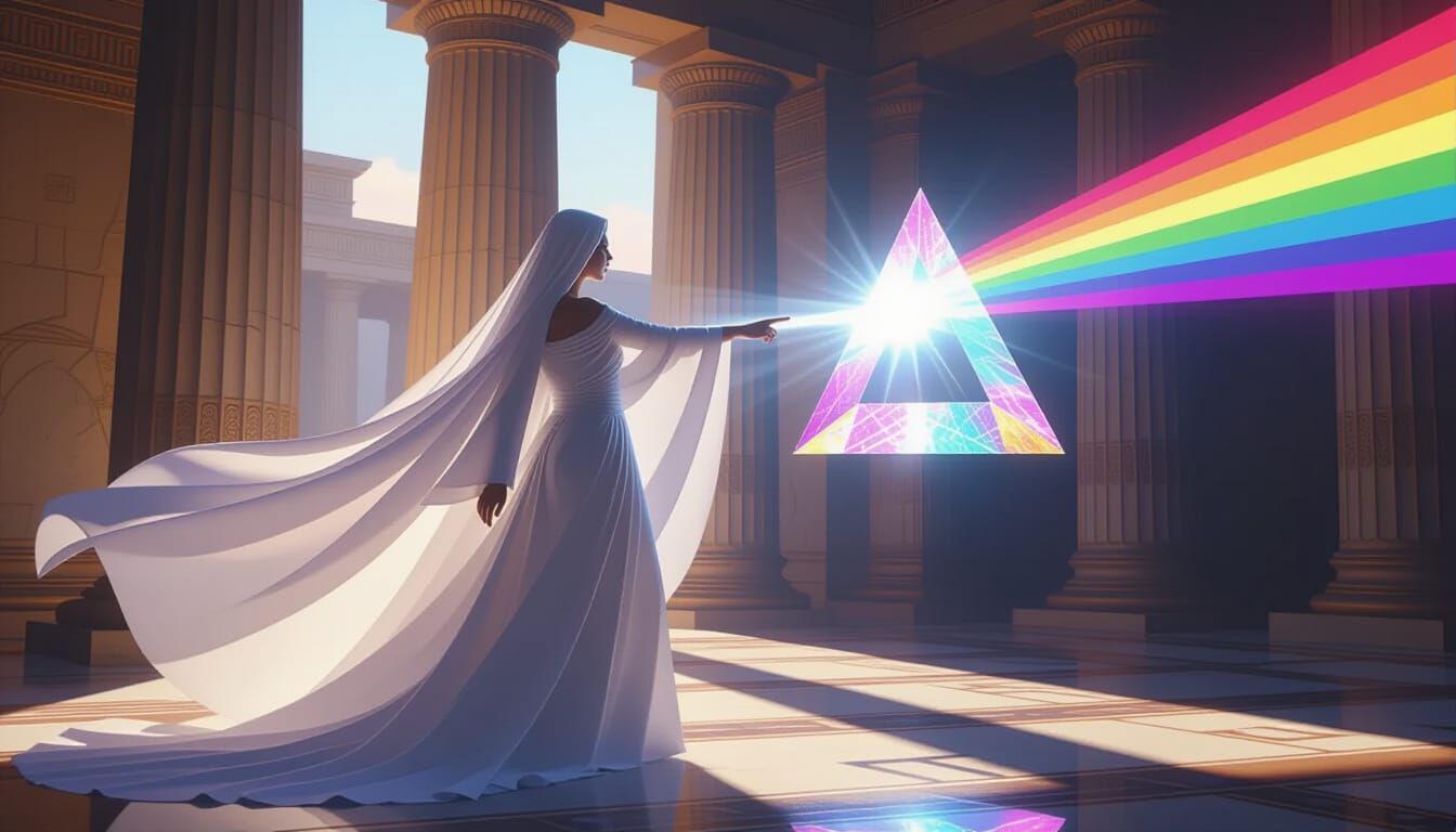 Goddess of Light Illuminates Crystal Prism in Surreal Style