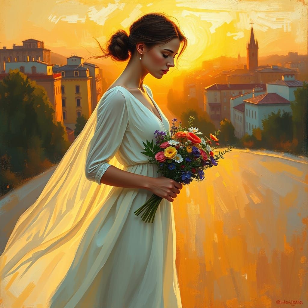 Hopeful Bride Offers Wildflowers in Dreamy Cityscape
