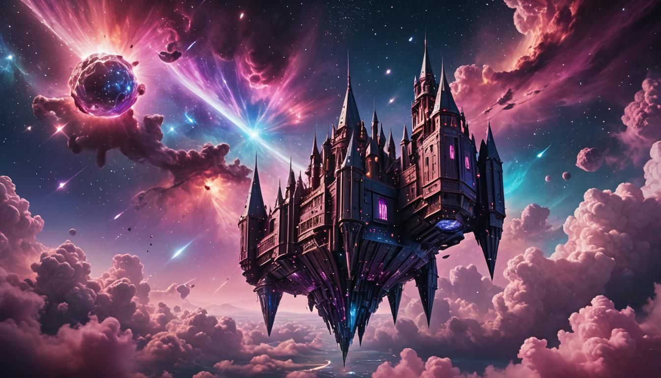 Medieval Spaceship in Space with Radiant Blue Glow