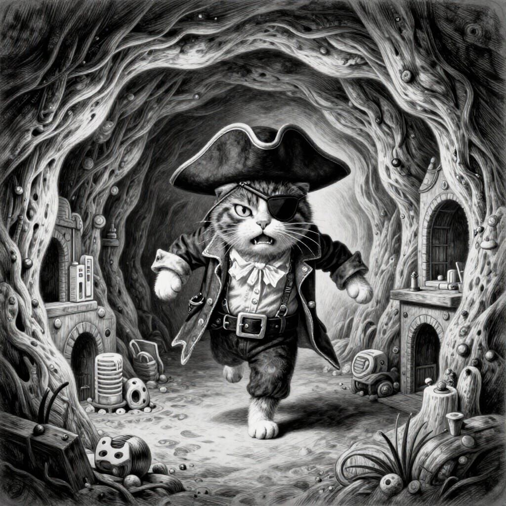 Pirate Cat Optical Illusion Charcoal Drawing