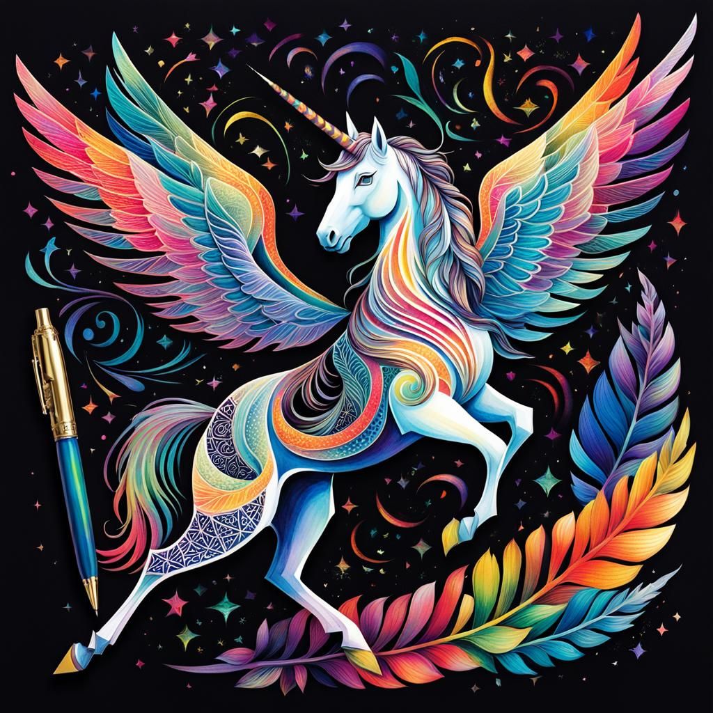 Winged Calligrapher Inscribes Rainbows: Cubist Dreamscape