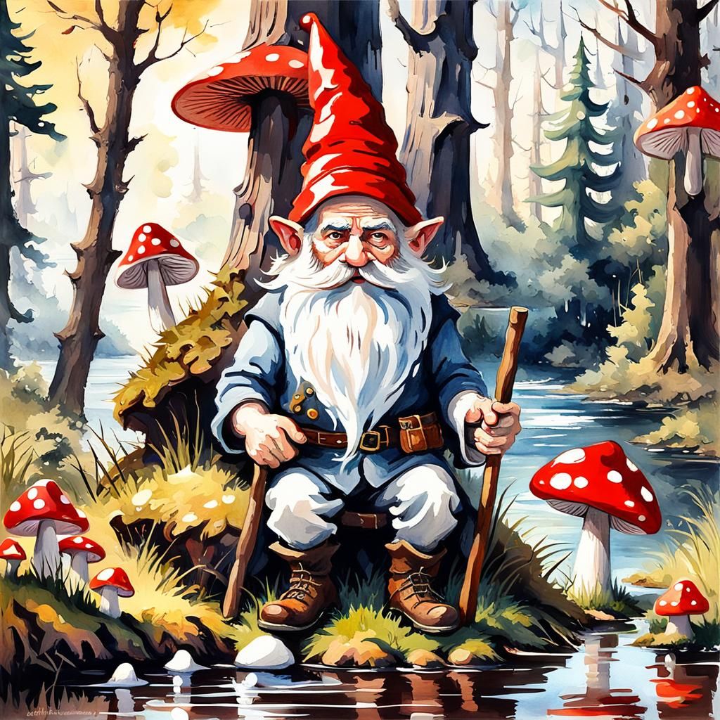 Gnome Fishing in Dark Forest, Watercolor Gouache