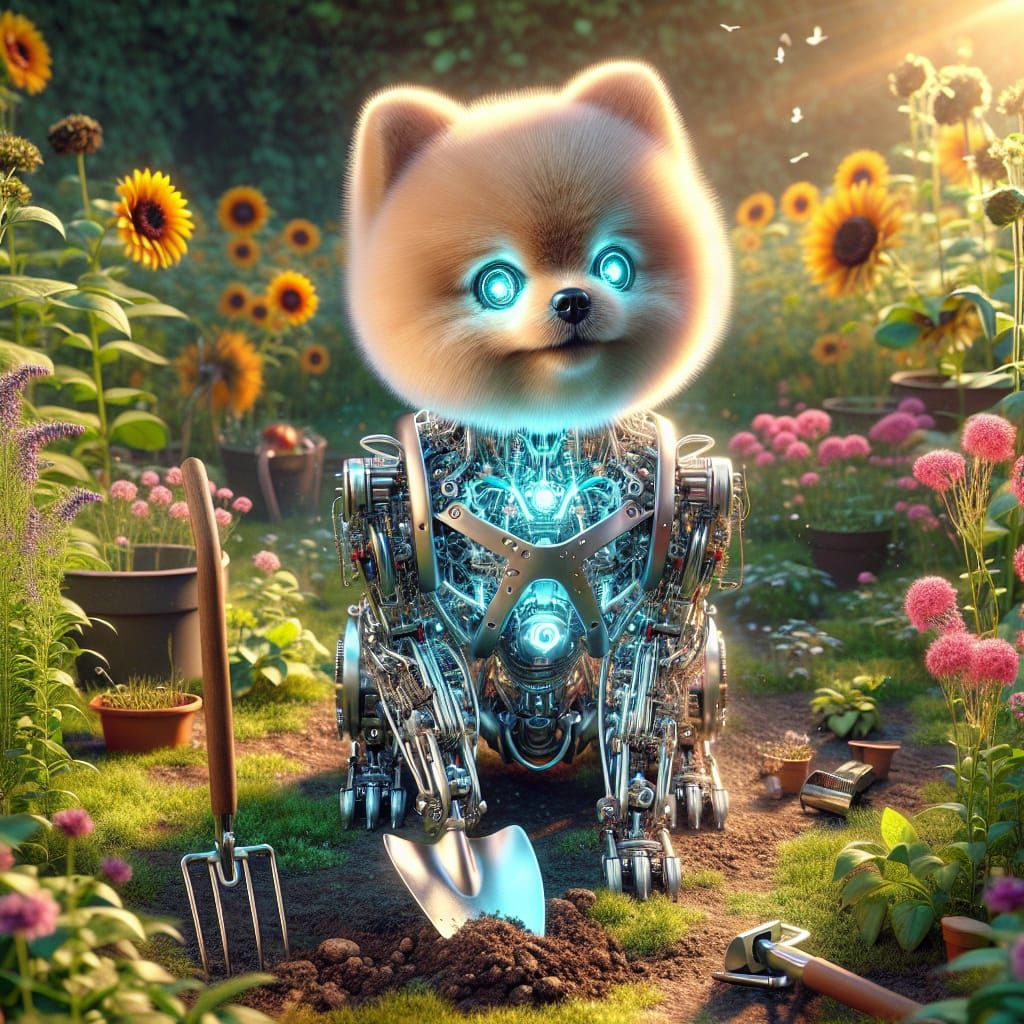 Robot Pomeranian Gardener in Autumn Sunlight