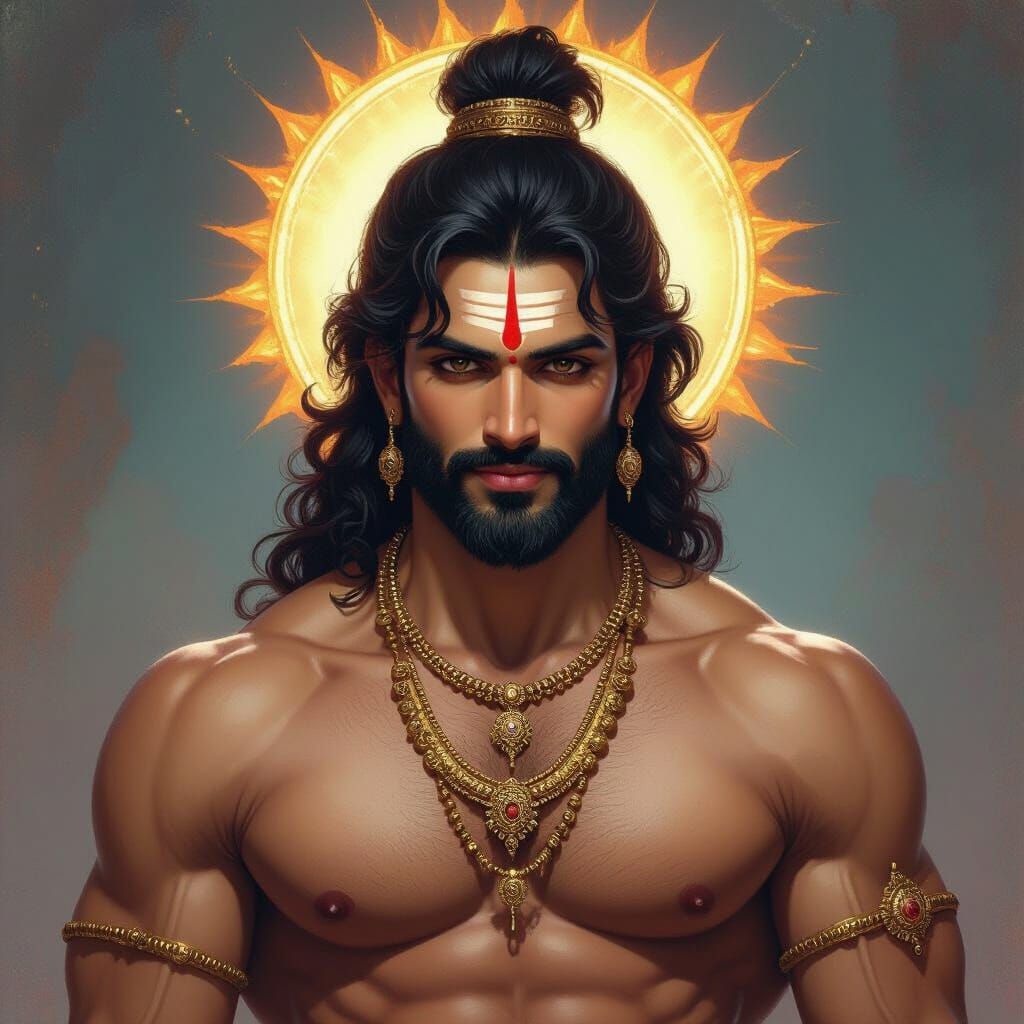 Muscular Kartikeya, Hindu God of War, Sensual Pose, Halo