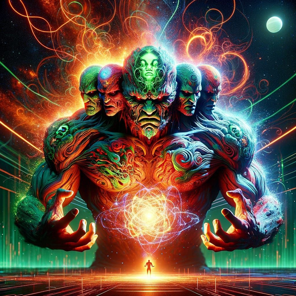 Imposing Eight-Headed Supervillain Conjuring Energy Matrix