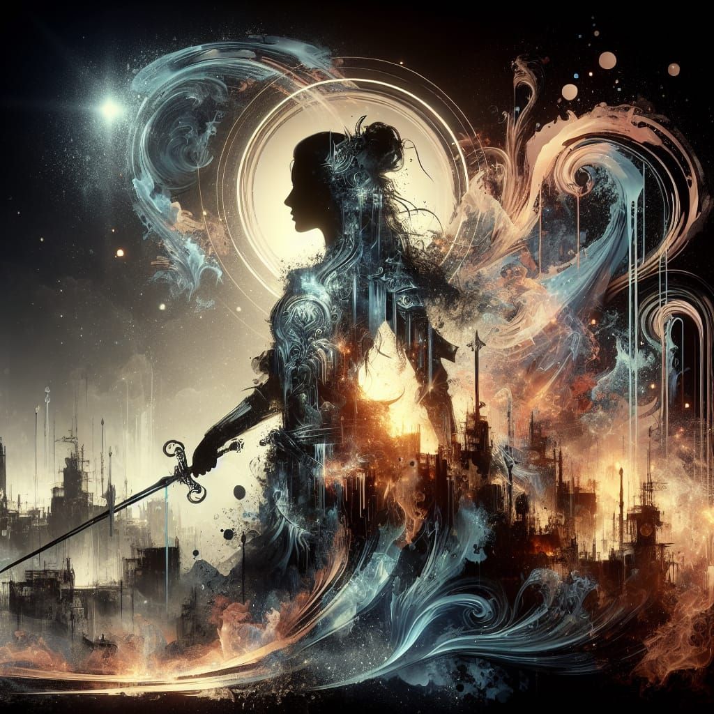 Warrior Woman in Steampunk City, Double Exposure Art